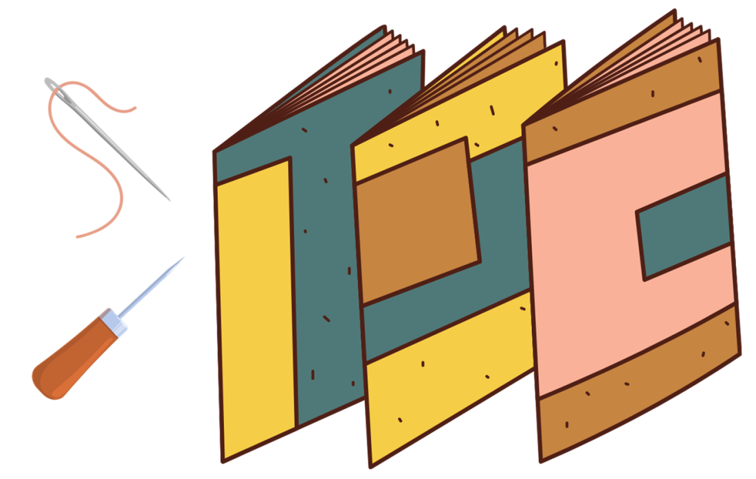 bookbinding tools with hand bound pamphlets