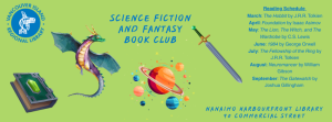 science fiction and fantasy book club promotional image with dragons, planets, and swords