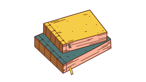 Drawing of two handmade books bound with Japanese stab binding technique