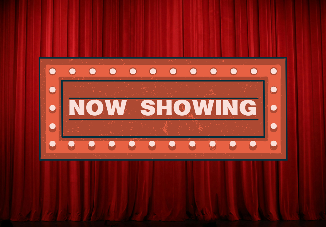 Red theatre curtains with a sign that says "Now Showing."