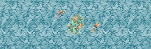 Illustration of choppy blue-green waves with colourful hippocampi swimming