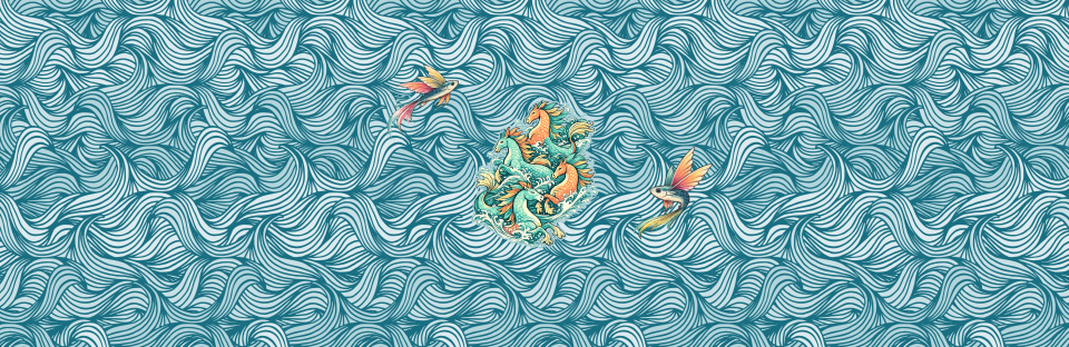 Illustration of choppy blue-green waves with colourful hippocampi swimming