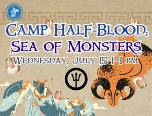 Text says: 'Camp Halfblood: Sea of Monsters - Wednesday, July 15, 1-4 PM.' Behind the text are an illustration of the Golden Fleece, of the Sirens tempting Odysseus, of Percy Jackson's symbol, and of various small watercolour guinea pigs in various places.