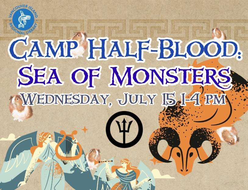 Text says: 'Camp Halfblood: Sea of Monsters - Wednesday, July 15, 1-4 PM.' Behind the text are an illustration of the Golden Fleece, of the Sirens tempting Odysseus, of Percy Jackson's symbol, and of various small watercolour guinea pigs in various places.