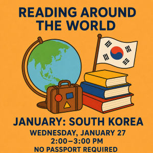 globe, stack of books, flag of South Korea, event