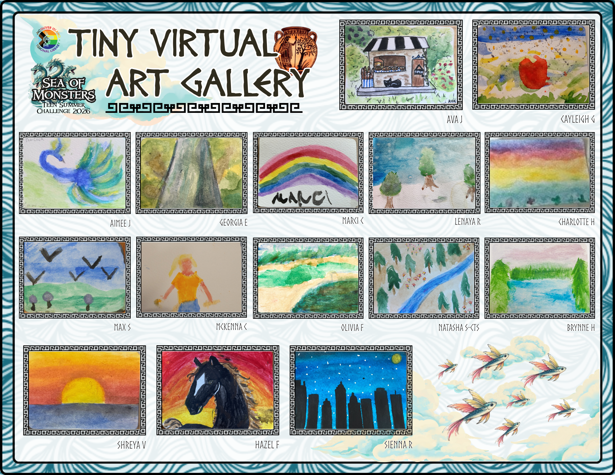 A gallery of small watercolour paintings by teens, with digitally rendered frames. 