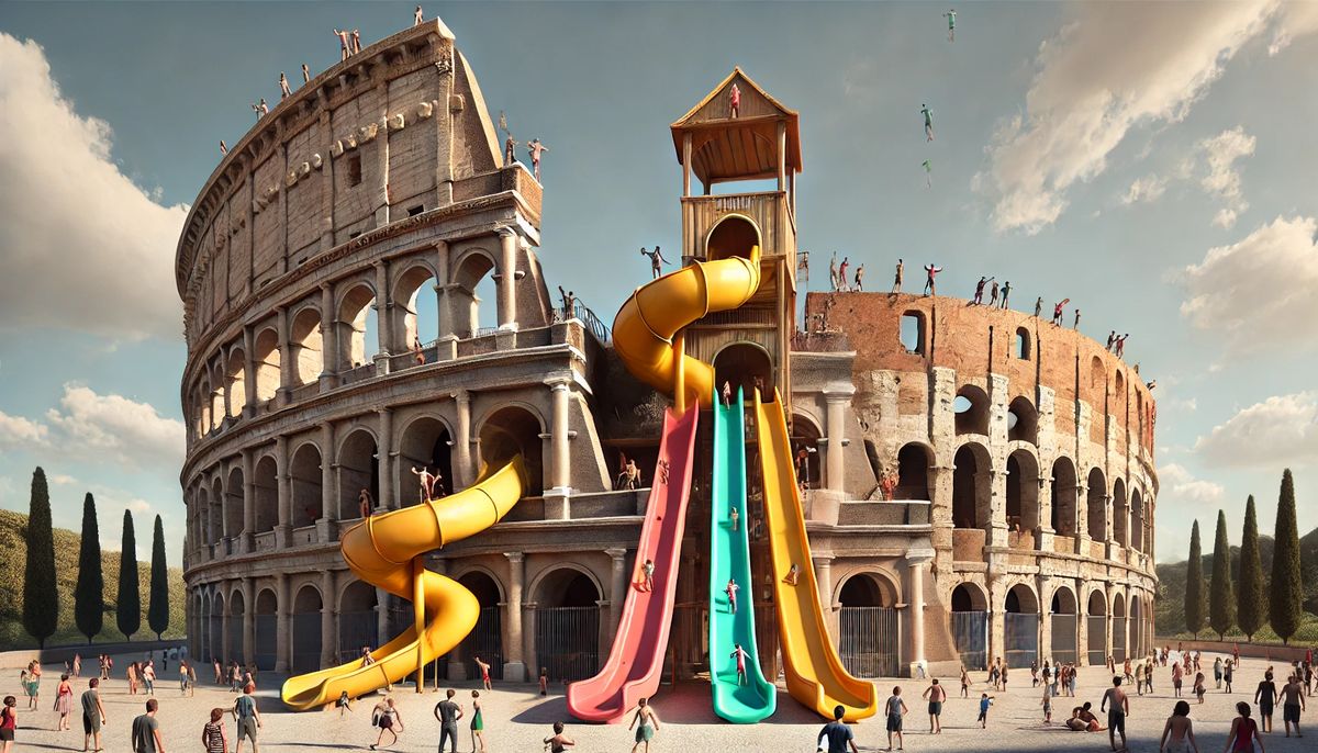 AI generated image of the Roman colosseum with brightly coloured slides; image from TechRadar www.techradar.com